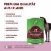 Verschiedene Vorteile vom Rind NF werden präsentiert. Rechts schnuppert ein Hund an einer Rind NF Dose. Links werden Vorteile aufgeführt: es fördert die gesunde Mundflora, dichteres & glänzendes Fell, unterstützt die Darmgesundheit und stärkt die Gelenke & Knochen. Unten sieht man ein "Made in Irland" Logo und den Hinweis, dass alle Irish Pure Produkte in Irland nach dem Global Food Standard produziert werden.