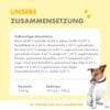 Auflistung über die Zusammensetzung des Huhn Adult Nassfutters und Angaben zu Gewicht und Kalorien des Inhalts.
