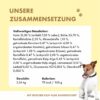 Auflistung über die Zusammensetzung von Junior NF und Angaben zu Gewicht und Kalorien des Inhalts.