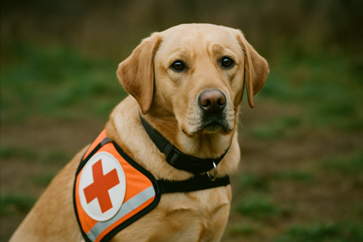 Labrador mit Rettungshundeweste blickt aufmerksam in die Kamera, im Hintergrund unscharfer Waldboden.