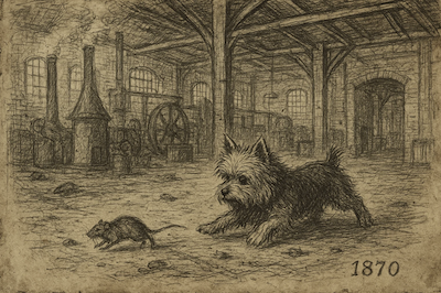 Yorkshire Terrier stellt in einer alten Fabrikhalle aus dem Jahr 1870 einer Ratte nach; im Hintergrund historische Maschinen und rauchende Schornsteine.