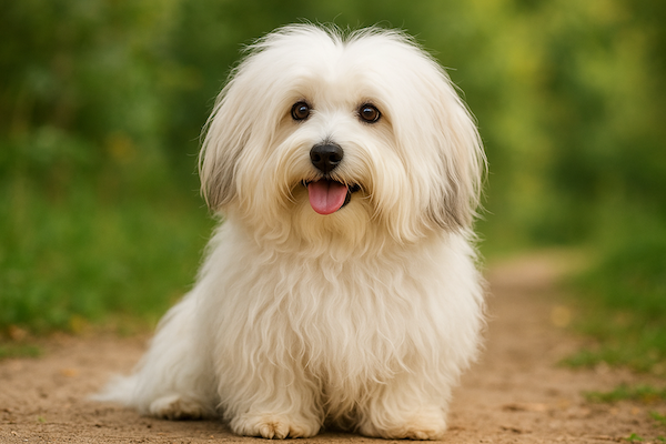 Coton de Tuléar mit langem, weißem Fell und freundlichem Gesicht sitzt auf einem Naturweg – idealer Begleithund für Allergiker.