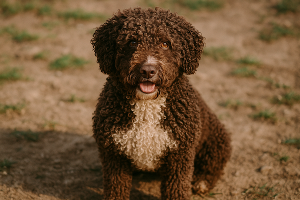 Spanischer Wasserhund mit dunkelbraunem Lockenfell und heller Brustpartie sitzt auf trockenem Boden – aktiver Allergikerhund mit robustem Wesen.