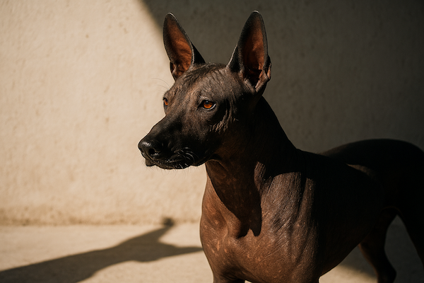 Xoloitzcuintle mit glatter, dunkler Haut und großen Stehohren steht im Sonnenlicht – haarloser, allergikerfreundlicher Hund aus Mexiko.
