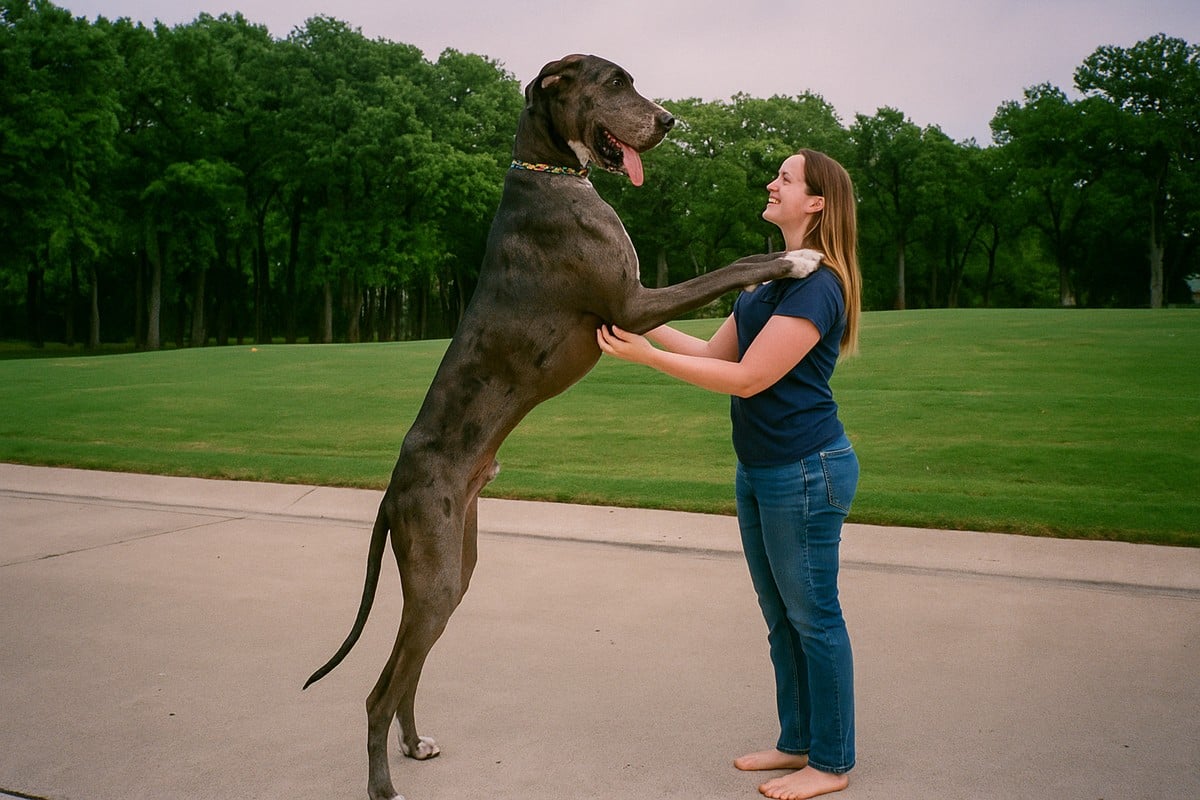 Eine Frau spielt auf einem Weg mit einer Deutschen Dogge, die aufrecht stehend größer als sie ist – ein eindrucksvolles Beispiel für eine der größten Hunderassen der Welt.