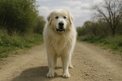 Großer Pyrenäenhund mit dichtem, cremeweißem Fell steht auf einem Feldweg bei Tageslicht
