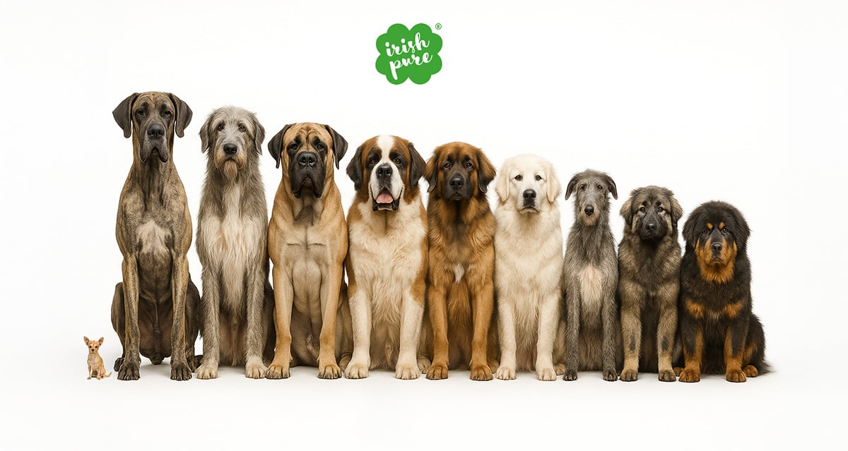 Größenvergleich großer Hunderassen mit riesigen Hunden wie Dogge und Bernhardiner, auf weißem Hintergrund, darüber Irish Pure Logo.