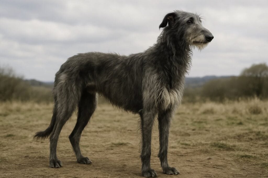 Grauer Scottish Deerhound mit rauem, drahtigem Fell steht alert auf einem sandigen Feldweg vor hügeliger Landschaft – eleganter Vertreter großer Hunderassen.