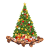 Unter einem geschmückten Weihnachtsbaum liegen viele Geschenke und mehrere Large Postmans Legs, getrocknete Rinderoberschenkelknochen von Irish Pure.