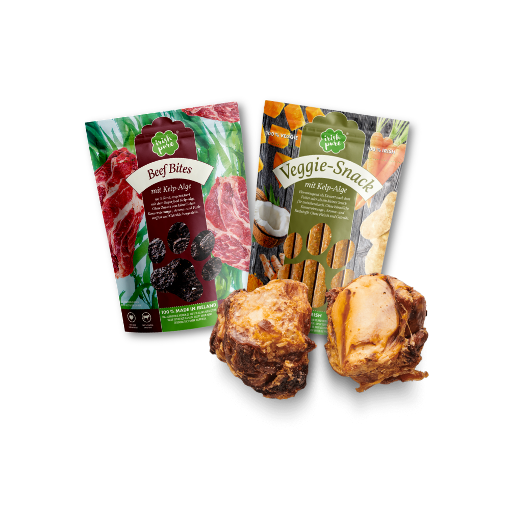Es werden drei Snacks aus dem Irish Pure Sortiment dargestellt. Ein Beutel Beef Bites, ein Beutel Veggie-Snacks und Kneecap vom Rind.