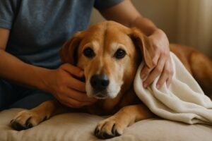 Person legt eine weiße Decke um einen braunen Hund, der entspannt auf einem Sofa liegt und vertrauensvoll in die Kamera blickt.