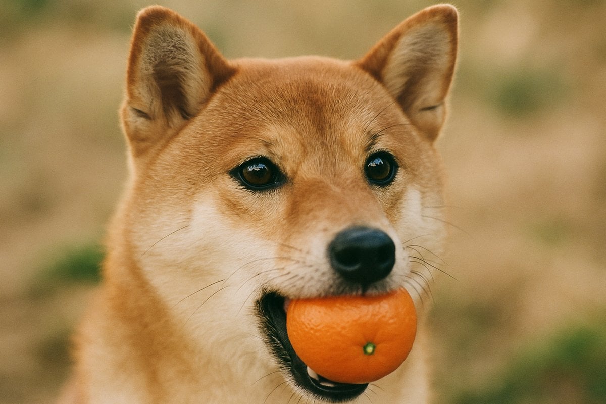 Shiba Inu mit Mandarine im Maul – dürfen Hunde Mandarinen essen?