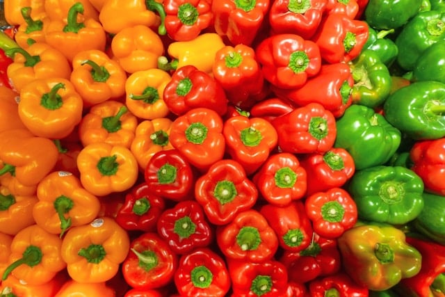 Große Auswahl an frischen, bunten Paprika: Gelb, Orange, Rot und Grün.