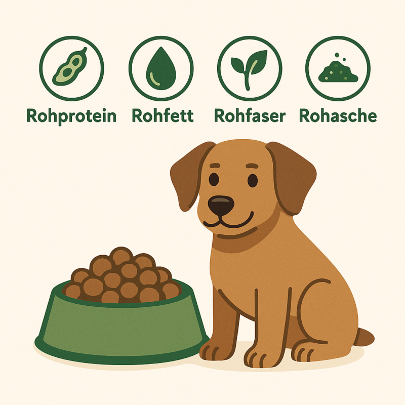 Brauner Welpe sitzt neben einem grünen Napf mit Irish-Pure-Trockenfutter; darüber Piktogramme der vier analytischen Bestandteile – Rohprotein, Rohfett, Rohfaser und Rohasche.