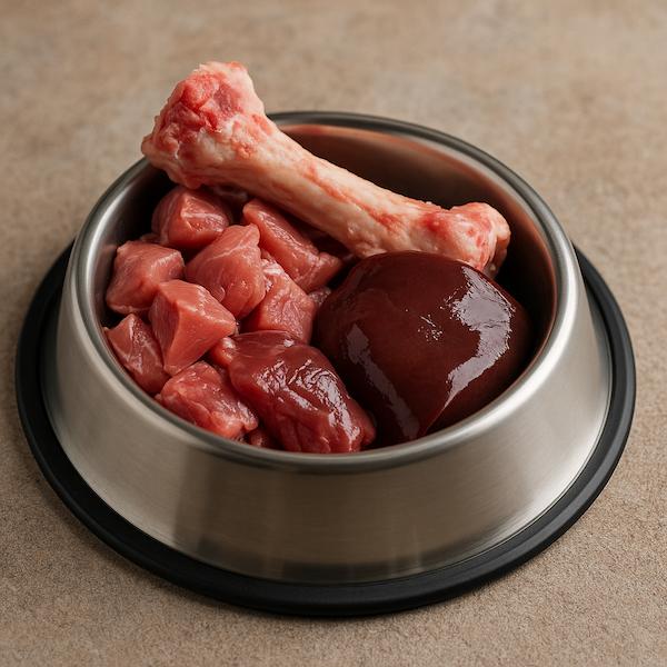 BARF-Hundenapf mit frischen Rinderwürfeln, Rinderleber und fleischigem Knochen – Irish Pure.