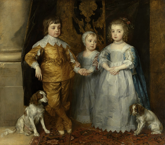 Drei Kinder mit zwei Cavalier King Charles Spaniels in barockem Gemälde von Anthony van Dyck