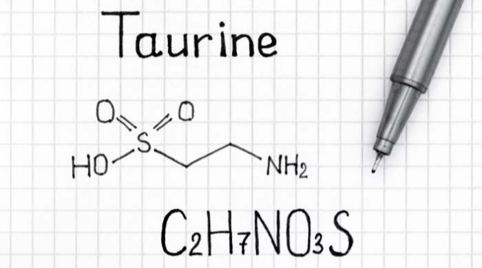 Zusatzstoff Taurin im Katzenfutter, schematische Darstellung neben einem Napf mit Katzenfutter