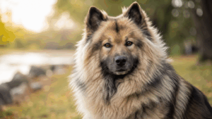 Eurasier mit dichtem wolfsgrauem Fell sitzt im Herbst an einem See und blickt aufmerksam in die Kamera